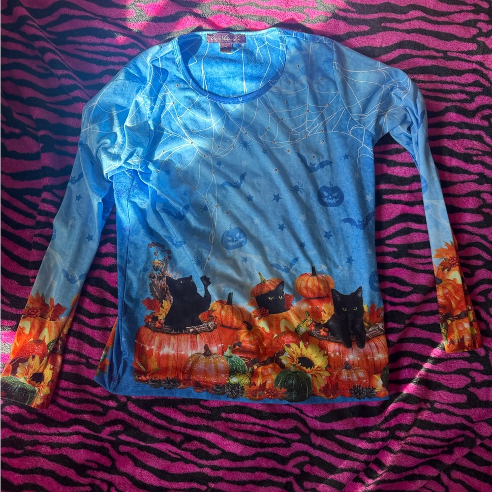 Gloria Vanderbilt Halloween Cats and Pumpkins Long Sleeve Shirt